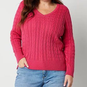 St. John's Bay V Neck Long Sleeve Cable Knit Pullover Sweater -1X PINK